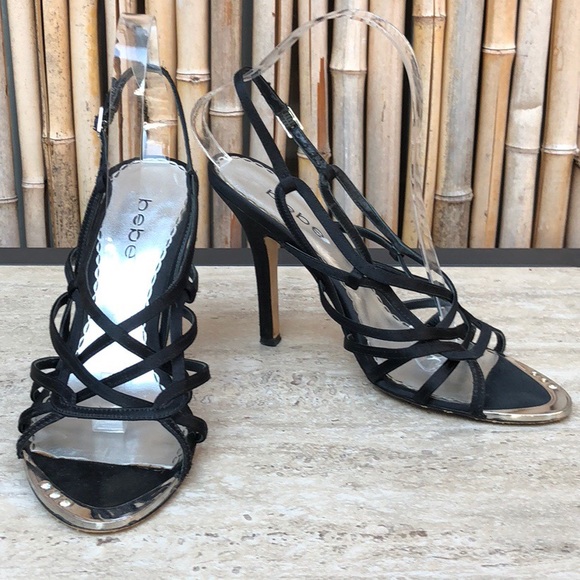 bebe Shoes - BEBE Black Satin Strappy Sandal Silver Bling Toe 8
